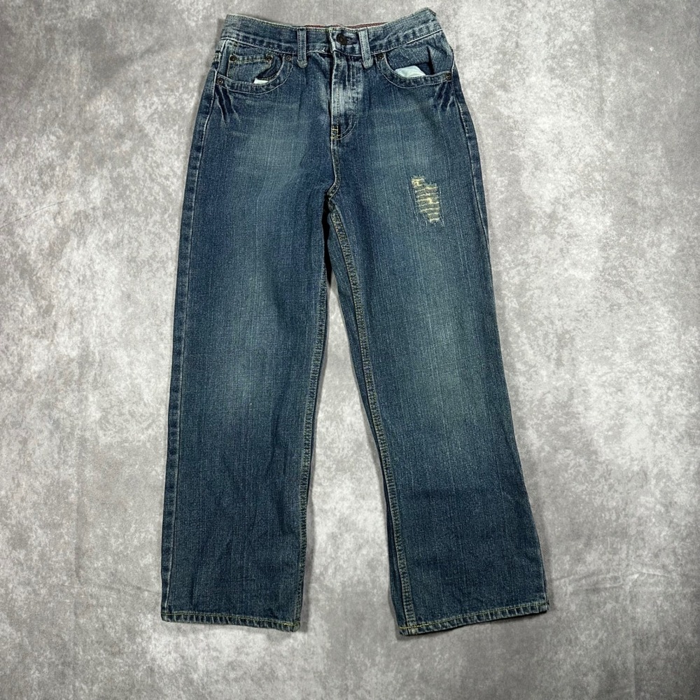 Vintage Faded Glory Kids Size 12 Dark Wash Distressed Wide Leg Jeans Y2K Denim